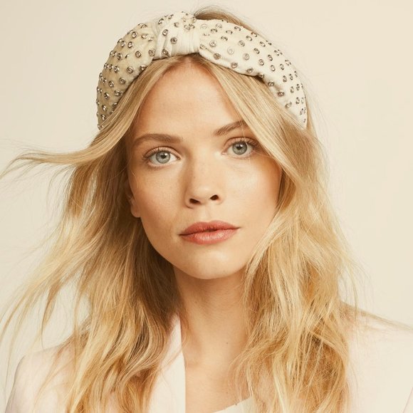 Lele Sadoughi Ivory Flat Gold plated Crystals Canvas Embellished Headband